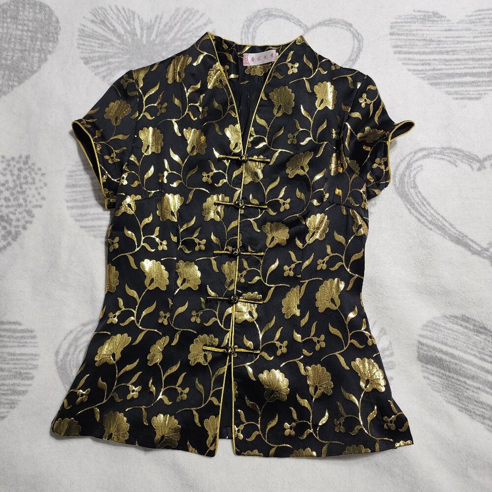 100% Silk Women's Black and Gold Chinese Blouse Tang/Hangzhou‎